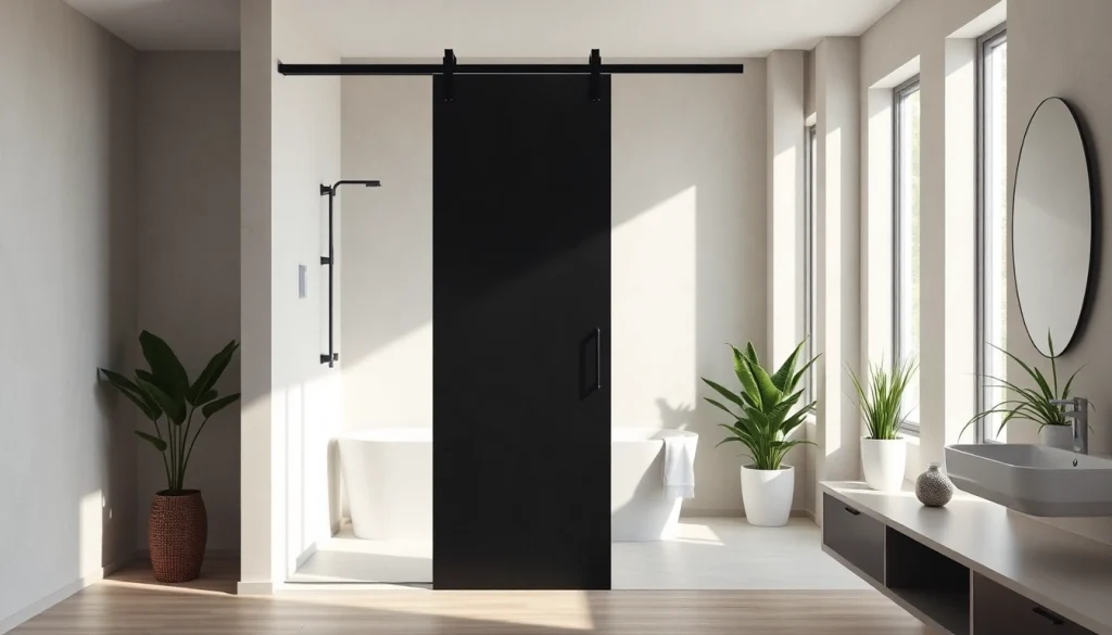 Showcase of a black shower sliding door enhancing a modern bathroom design.