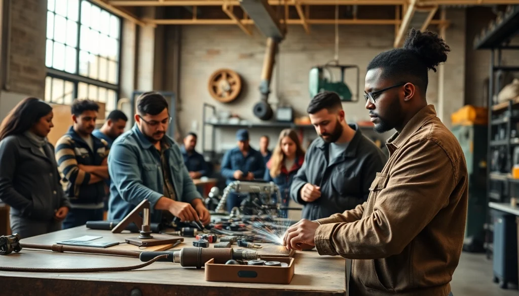 Engaged students learning at trade schools in southern California with hands-on training in a bright classroom.