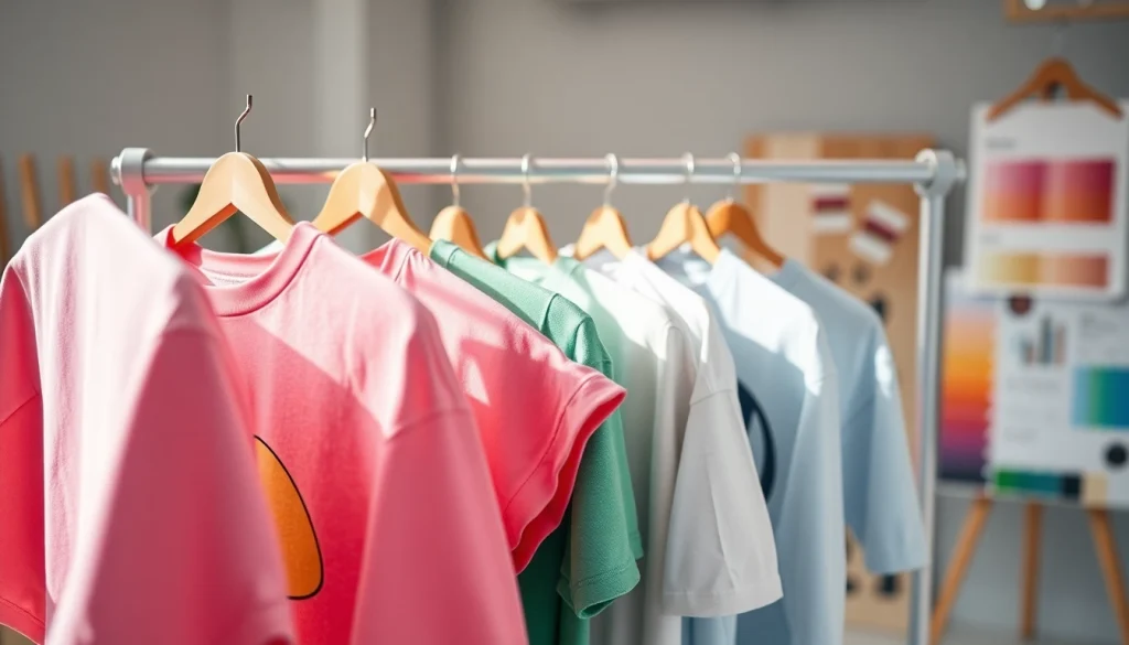 Individualiai spausdinti marškinėliai su spauda, demonstruojantys ryškius dizainus šiuolaikinėje studijoje.