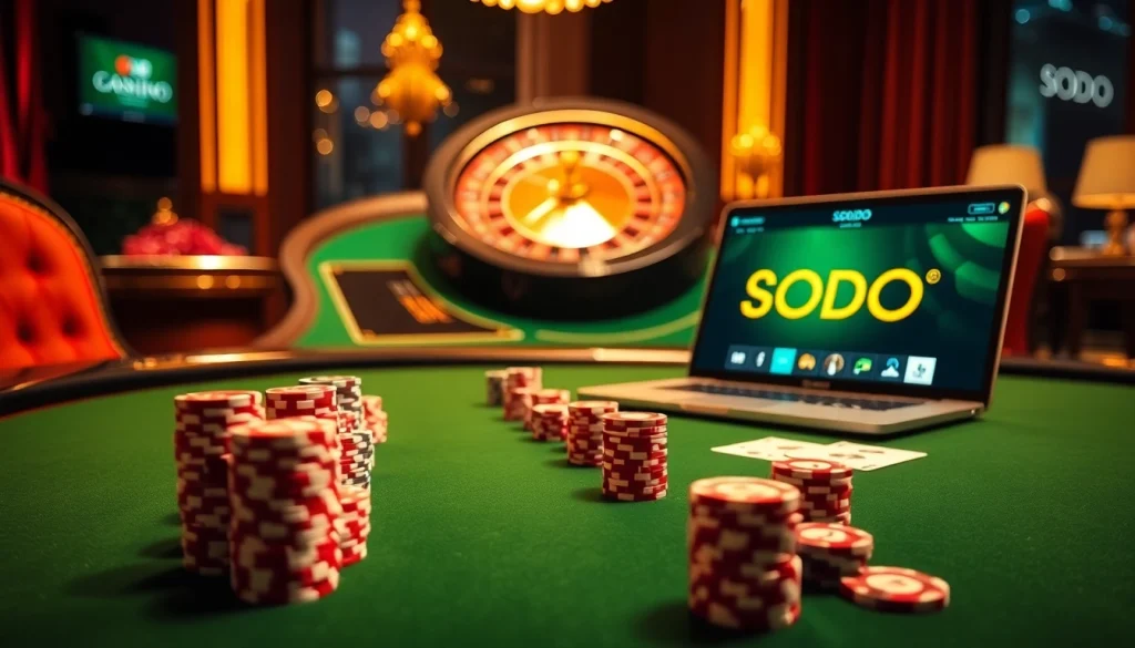 Experience the excitement of SODO Casino with a poker table and vibrant gambling atmosphere.