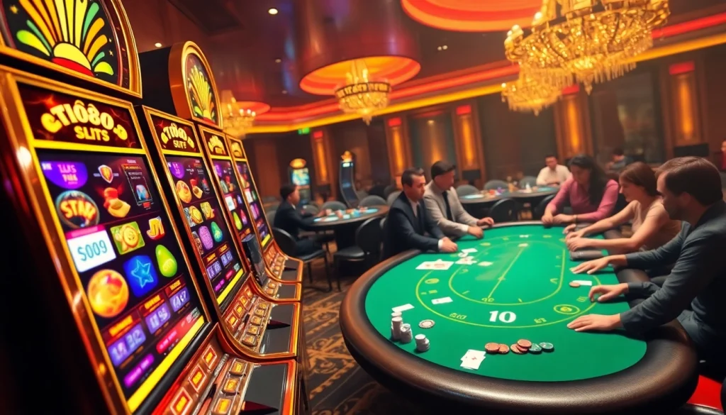Experience the excitement of TR88 nổ hũ slots in this vibrant casino scene with poker tables and dynamic visuals.