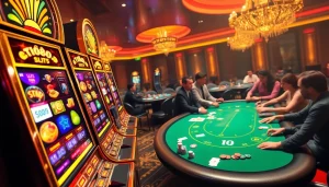 Experience the excitement of TR88 nổ hũ slots in this vibrant casino scene with poker tables and dynamic visuals.