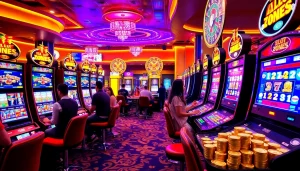 Rasakan permainan seru dengan slot pulsa di kasino slot mewah, menampilkan kegembiraan dan kemenangan.