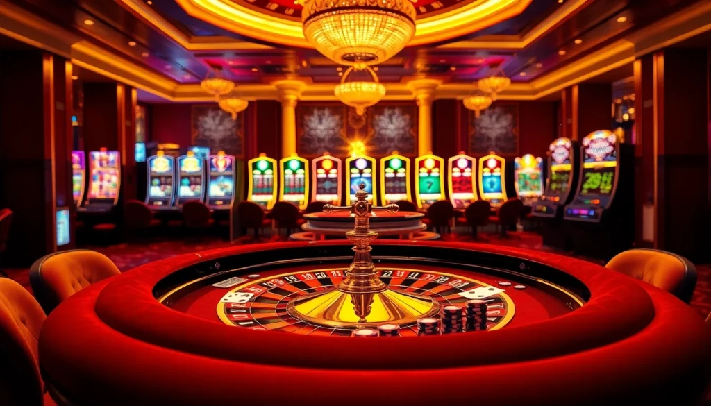 GG88’s luxurious casino scene featuring a vibrant roulette table and glowing slot machines.