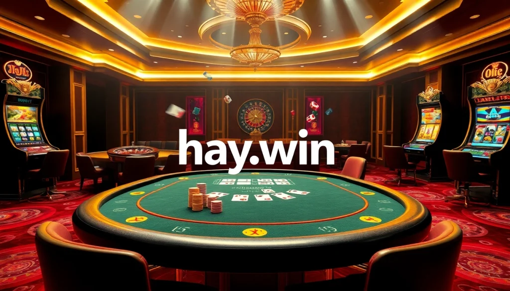 Experience the excitement of hay.win at a luxury casino with vibrant poker tables and lively gaming elements.