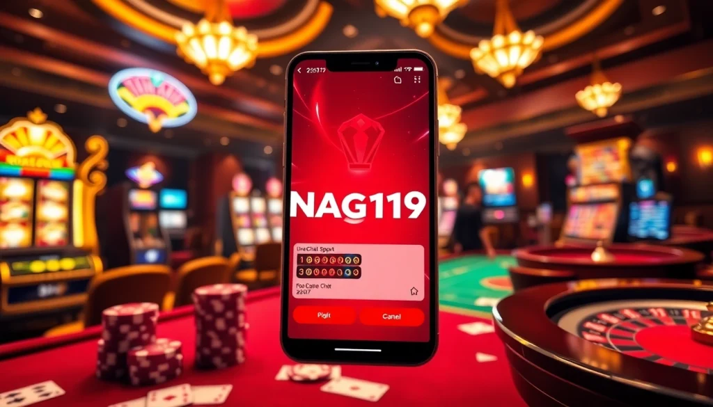 Naga169 mobile app displayed in a luxurious casino setting, showcasing interactive gambling action.