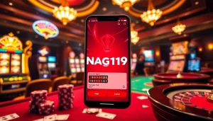 Naga169 mobile app displayed in a luxurious casino setting, showcasing interactive gambling action.
