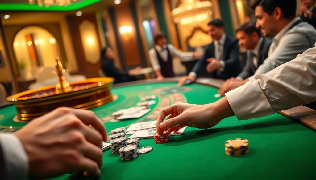 Engaging scene of gamblers placing bets at KUWIN casino tables with chips and cards.