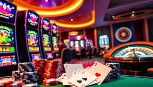 Pemain yang terlibat di kasino mewah menikmati permainan slot pulsa dengan lampu berwarna-warni dan keping poker.