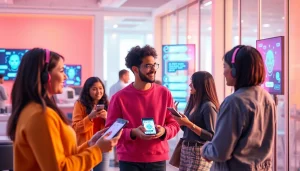 Interactive scene showcasing users engaging with an innovative nsfw ai chatbot in a modern, vibrant setting.