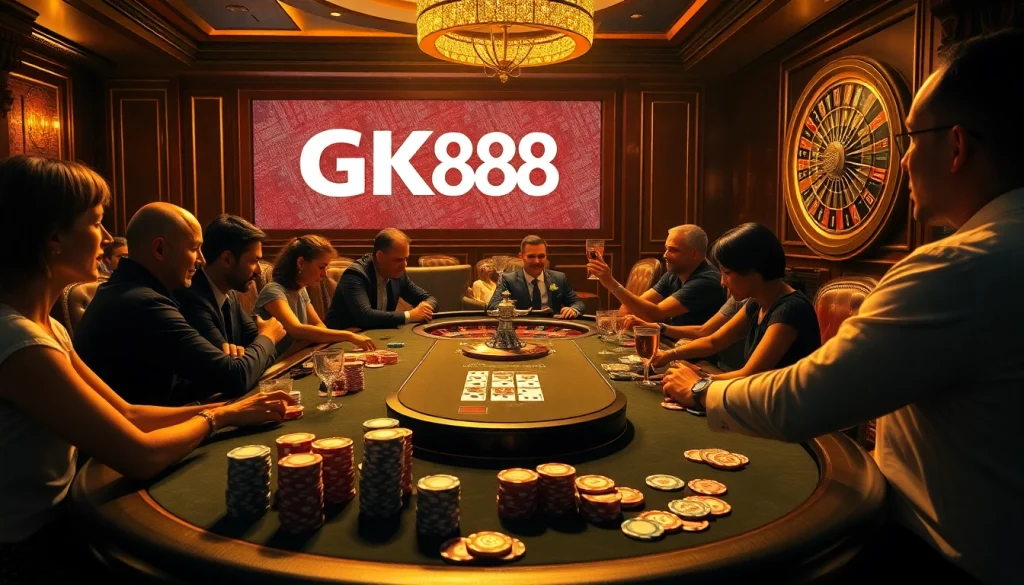 Intense poker action with GK88 branding in a luxurious casino setting, featuring stacked chips and cards.