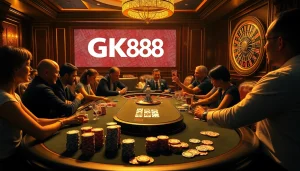 Intense poker action with GK88 branding in a luxurious casino setting, featuring stacked chips and cards.