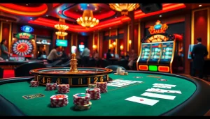 Experience the thrill of Nhà cái QQ88 with vibrant gameplay at a luxurious casino table.