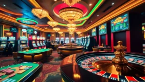 UU88 online casino scene showcasing vibrant betting activity with elegant tables, roulette wheel, and digital interfaces.