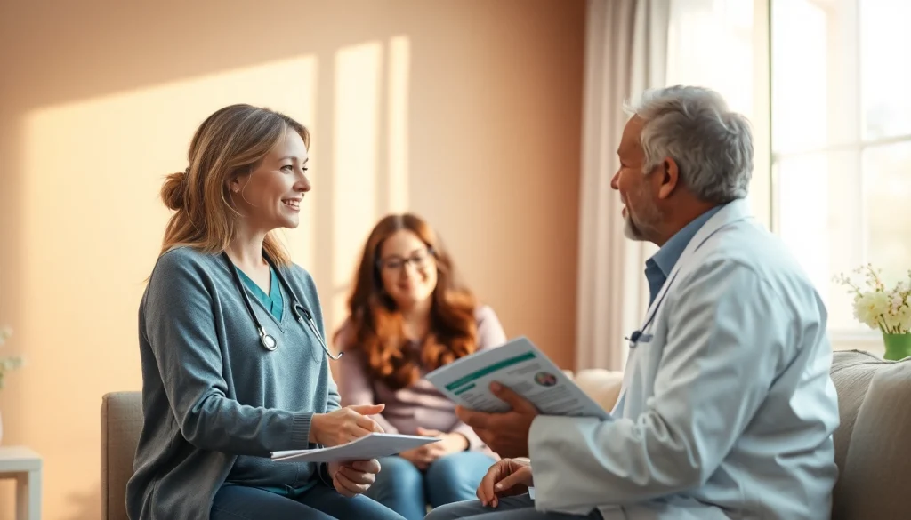 Fecondazione assistita con un medico che discute opzioni terapeutiche in un ambiente sereno.