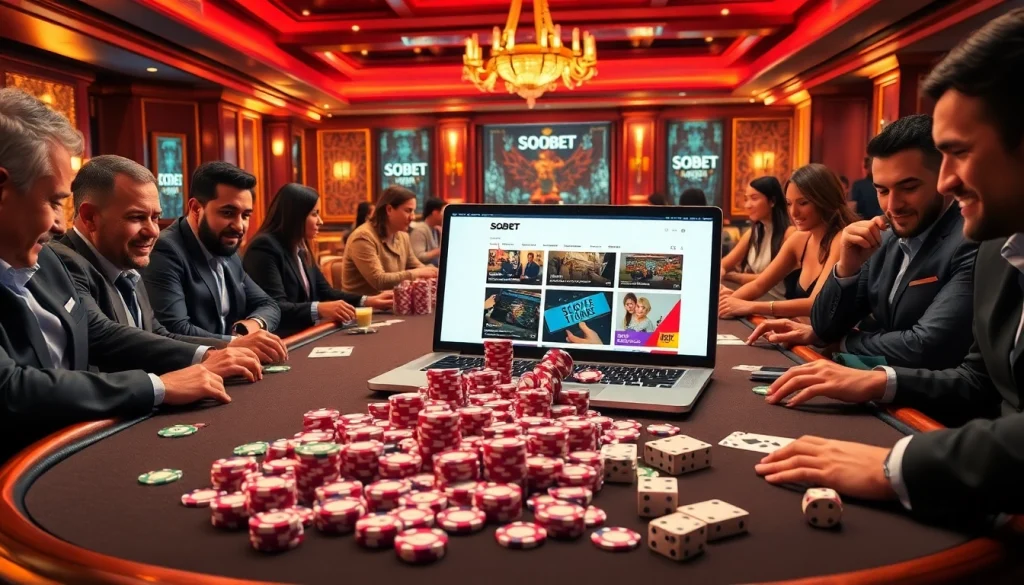 SboBet link alternatif highlighted on a laptop amidst a luxurious casino table setting with poker chips and cards.