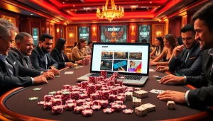 SboBet link alternatif highlighted on a laptop amidst a luxurious casino table setting with poker chips and cards.