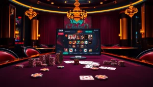 Play רמי אונליין in a luxurious casino setting with poker chips and cards.