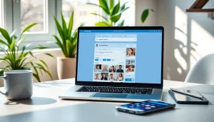 OnlyFans reverse image search interface displayed on a modern laptop in a bright workspace.