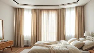 Verduisterende gordijnen zorgen voor een rustige sfeer in een stijlvolle slaapkamer.