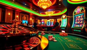 Experience the thrill of go 88 with players enjoying a vibrant casino atmosphere filled with roulette, poker, and colorful slots.