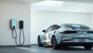 Electric vehicle charger installation price displayed in a modern home garage setting featuring a sleek EV.