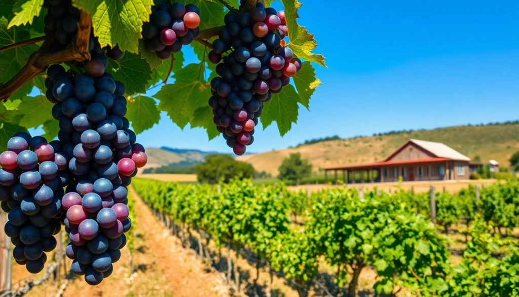 Carksburg CA vineyards with ripe grapes and a rustic winery under bright sunlight.