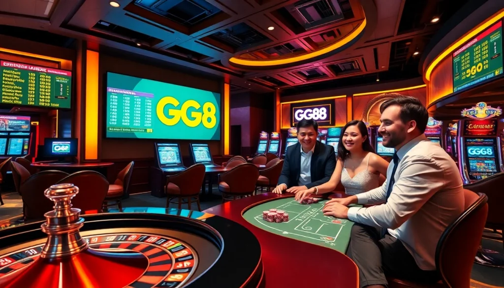 Experience the excitement of gambling at GG88 with vibrant online casino visuals featuring poker, slots, and roulette.