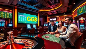 Experience the excitement of gambling at GG88 with vibrant online casino visuals featuring poker, slots, and roulette.