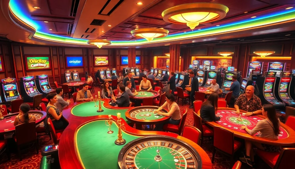 Engaging scene of gamblers at dazzling casino tables featuring onicplay branding, celebrating wins and enjoying the thrill.