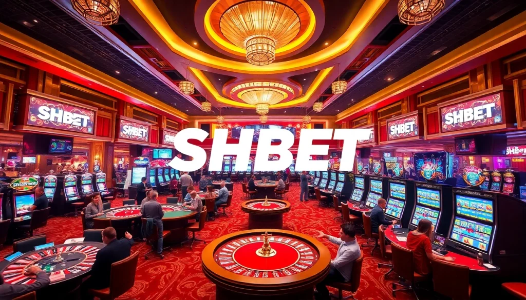 SHBET casino scene featuring eager players and vibrant gaming elements.