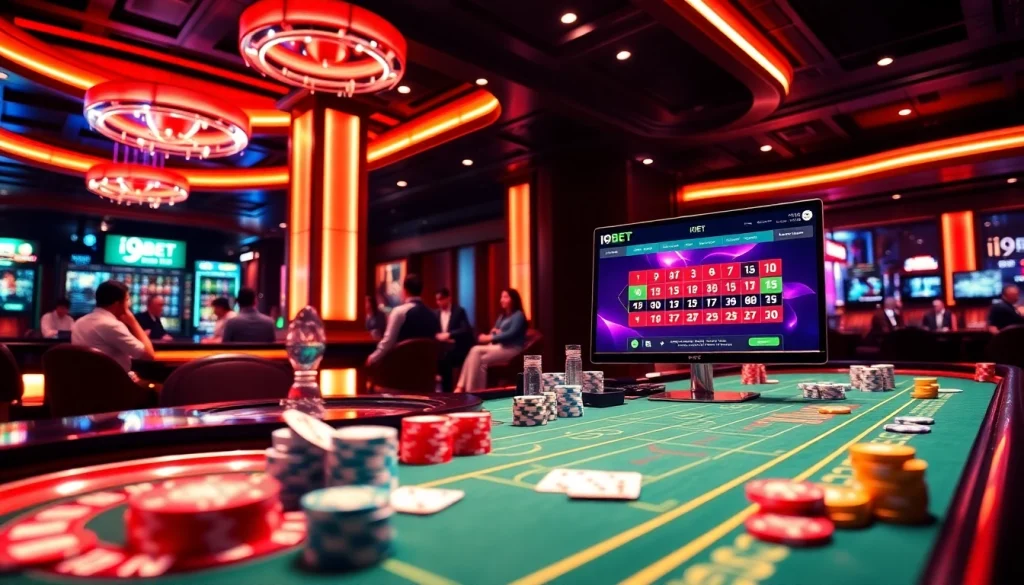 An online gaming scene featuring I9BET (https://i9bett.cn.com/) with vibrant roulette and poker tables and excited players.