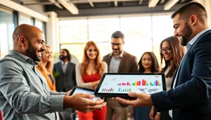 Engaging business growth insights collaboration among diverse professionals in a bright office.