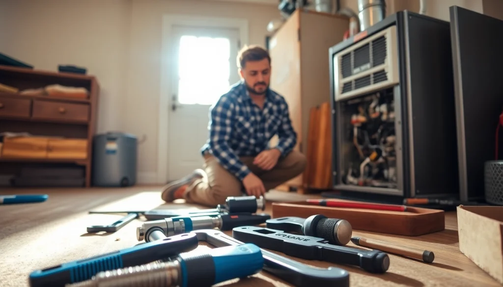 Technician performing heating repair north salem in a cozy home with tools organized nearby.