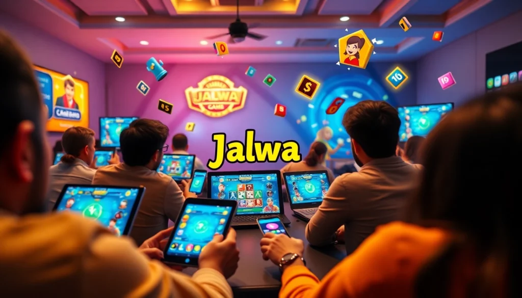 Engaging Jalwa games online gaming scene with players on devices, displaying excitement and rewards.