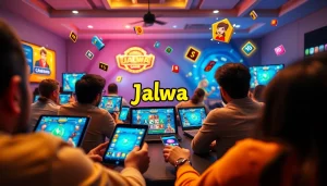 Engaging Jalwa games online gaming scene with players on devices, displaying excitement and rewards.