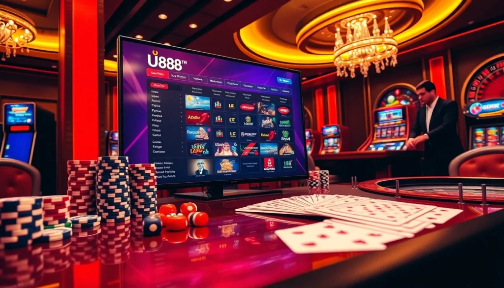 U888 live dealer casino with exciting games represented by poker chips and slot machines.