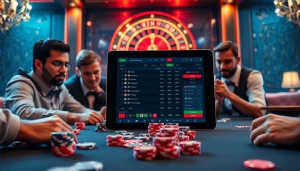 Players engaging with 7upbet online betting platform at a luxurious casino.