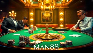 Experience high-stakes excitement at Man88 with luxurious casino visuals featuring tables, chips, and cards.