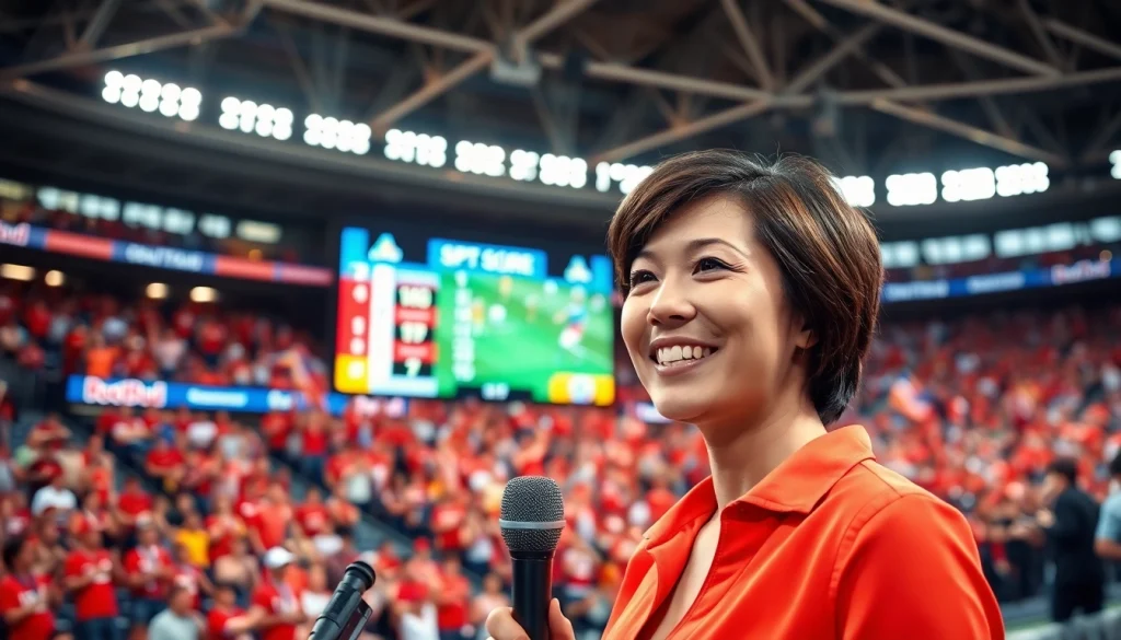 Engaging moment of Sports Broadcasting with a dynamic on-screen display and broadcaster in action.