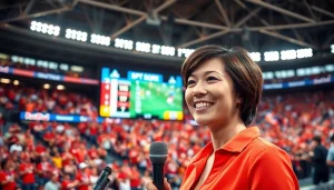 Engaging moment of Sports Broadcasting with a dynamic on-screen display and broadcaster in action.