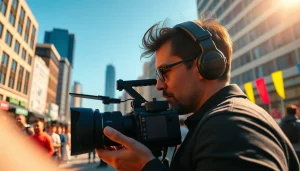 Engaged Phoenix videographer capturing an urban event with vibrant energy and focus.