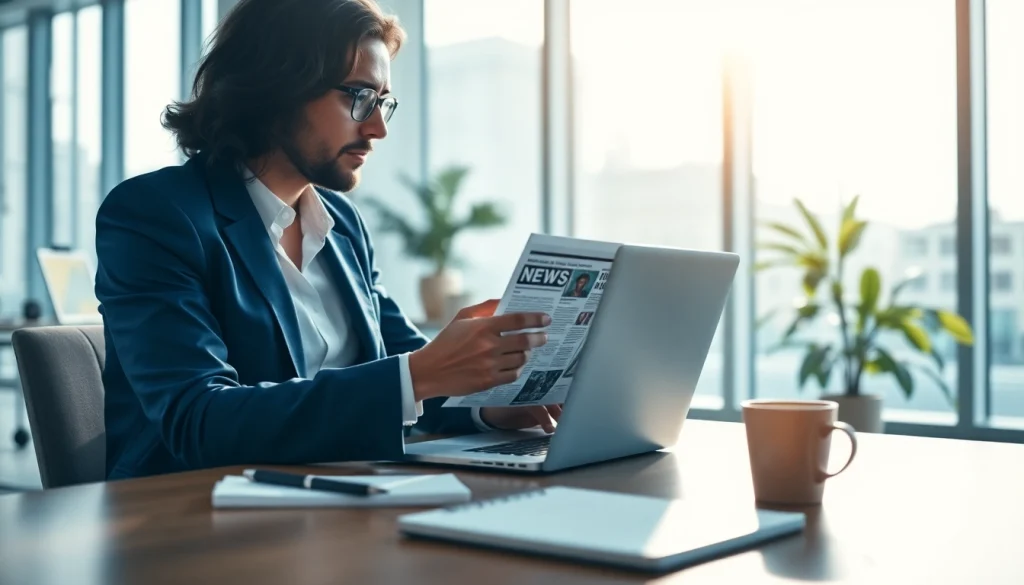 Usa Today journalist analyzing news articles in a bright, professional office.