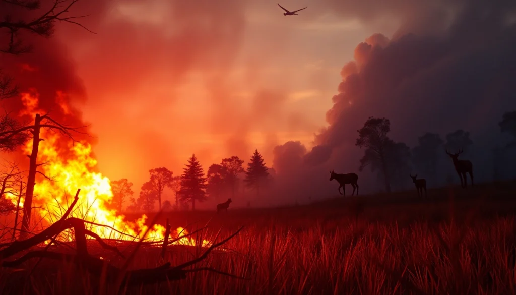 Intense wildfire events consuming a forest with flames and smoke, showcasing the environmental impact.