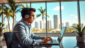 South Florida Reporter capturing news in a modern office setting.