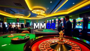 Exciting casino atmosphere with MM88 gaming tables, roulette wheel, and poker chips.