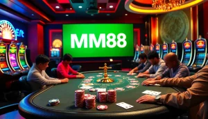 High-stakes poker action at MM88's luxurious casino scene with vibrant colors and immersive gameplay.
