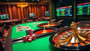 MK8 casino scene showcasing thrilling gameplay with poker tables, roulette wheels, and digital betting interfaces.