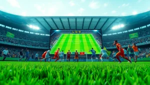 مشهد مثير لبث مباراة كورة لايف لكرة القدم مع اللاعبين في حركة وعرض للإحصاءات الرقمية.