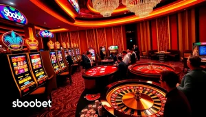 Sbobet online betting interface with players enjoying vibrant slot machines and poker.